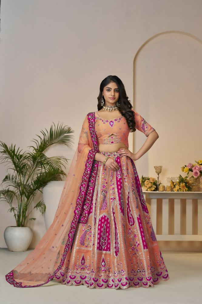 Kesar Fab Orange Banarasi Silk Embroidered Lehenga | Swadesiicart