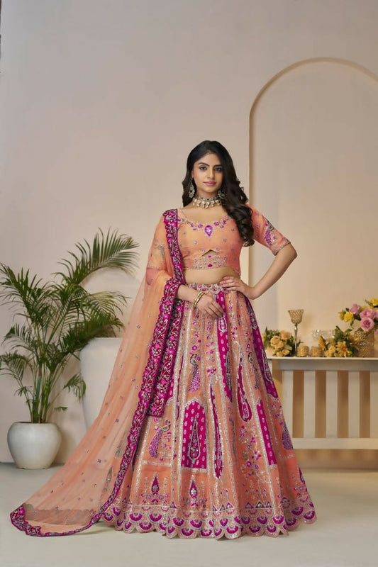 Kesar Fab Orange Banarasi Silk Embroidered Lehenga | Swadesiicart