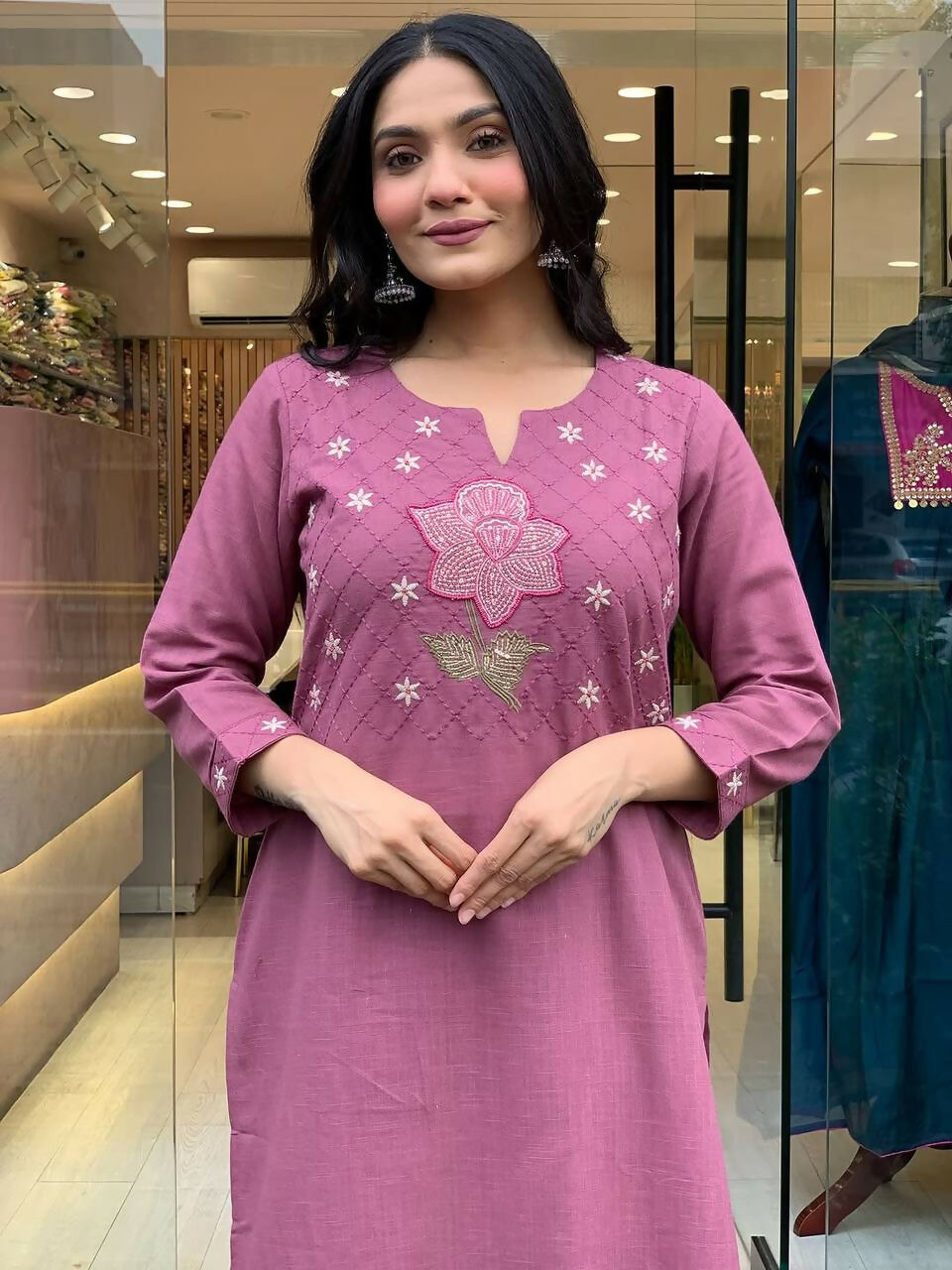 The52 Peach Women's Gorgeous Embroidered Cotton Fabric Straight Kurta Pant with Dupatta Set - Swadesiicart