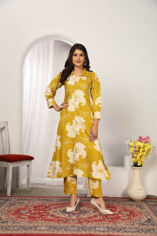 Jyoti Fashion Women's Mustard Rayon Floral Print with Side Pocket Kurtis & Sets | Swadesiicart