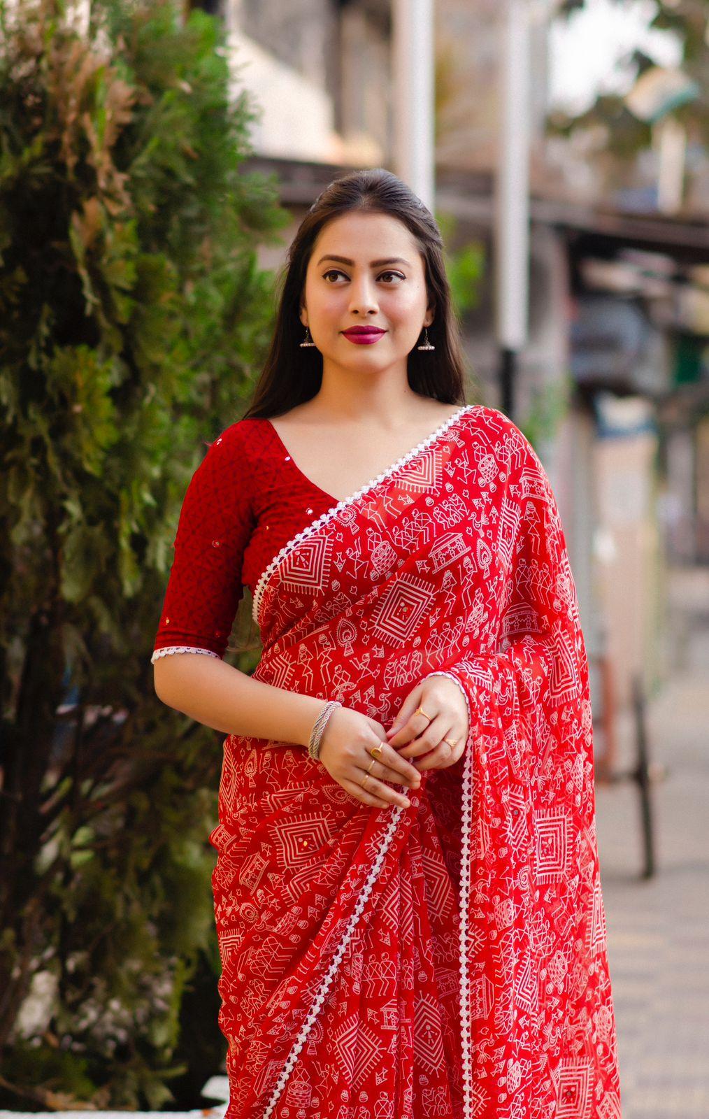 Red Poly Georgette Ethnic Motifs Saree with Unstitched Blouse - Hiral Fashion | Swadesiicart