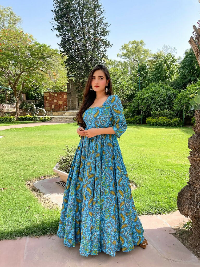 Jyoti Fashion Women's Turquoise Heavy Digital Printed Cotton Silk Anarkali Dress | Swadesiicart