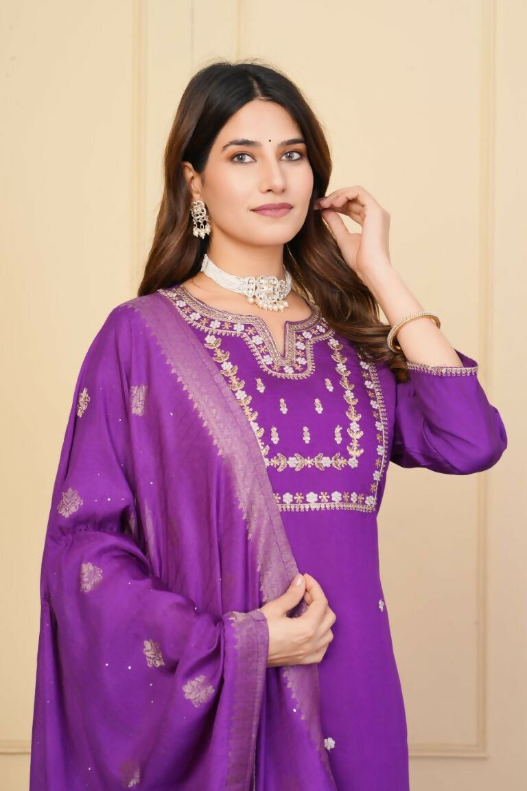 Purple Viscose Chanderi Embroidered Stitched Suit With Dupatta - Tanisha | Swadesiicart