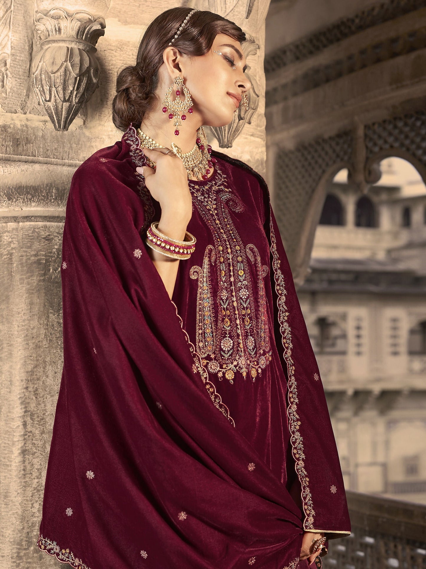 Jyoti Fashion Women's Maroon Velvet Floral Resham Thread with Jari work Kurta with Trouser & Dupatta | Swadesiicart
