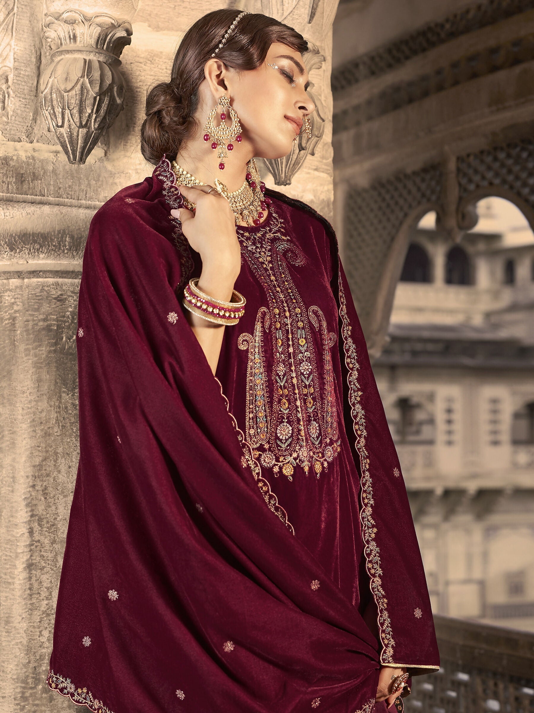 Jyoti Fashion Women's Maroon Velvet Floral Resham Thread with Jari work Kurta with Trouser & Dupatta | Swadesiicart