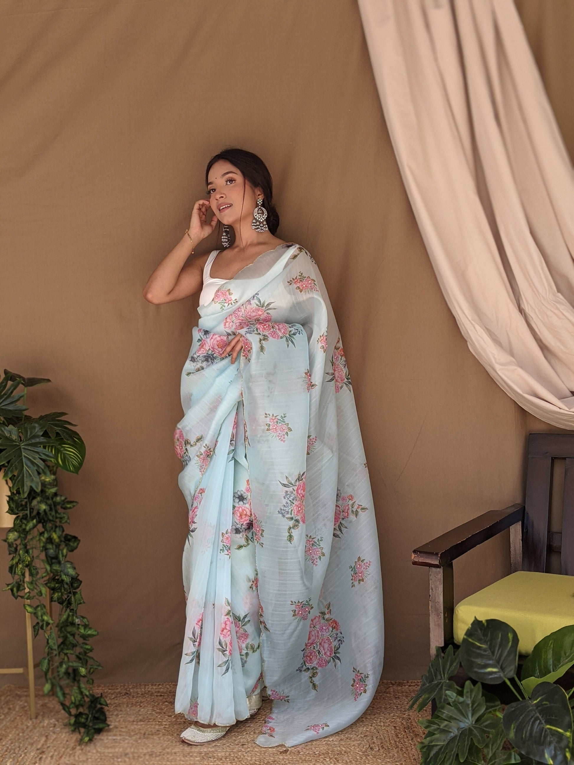 Vamsee Khadi Khatali Sky Khadi Organza Saree - Swadesiicart