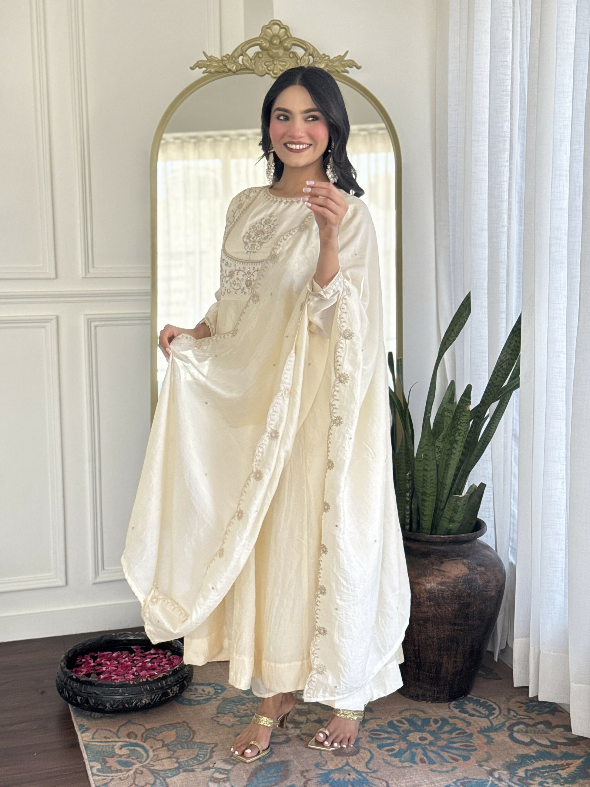 The52 CreamWomen's Gorgeous Embroidered Vichitra Silk Fabric Flared Kurta Pant with Dupatta Set - Swadesiicart
