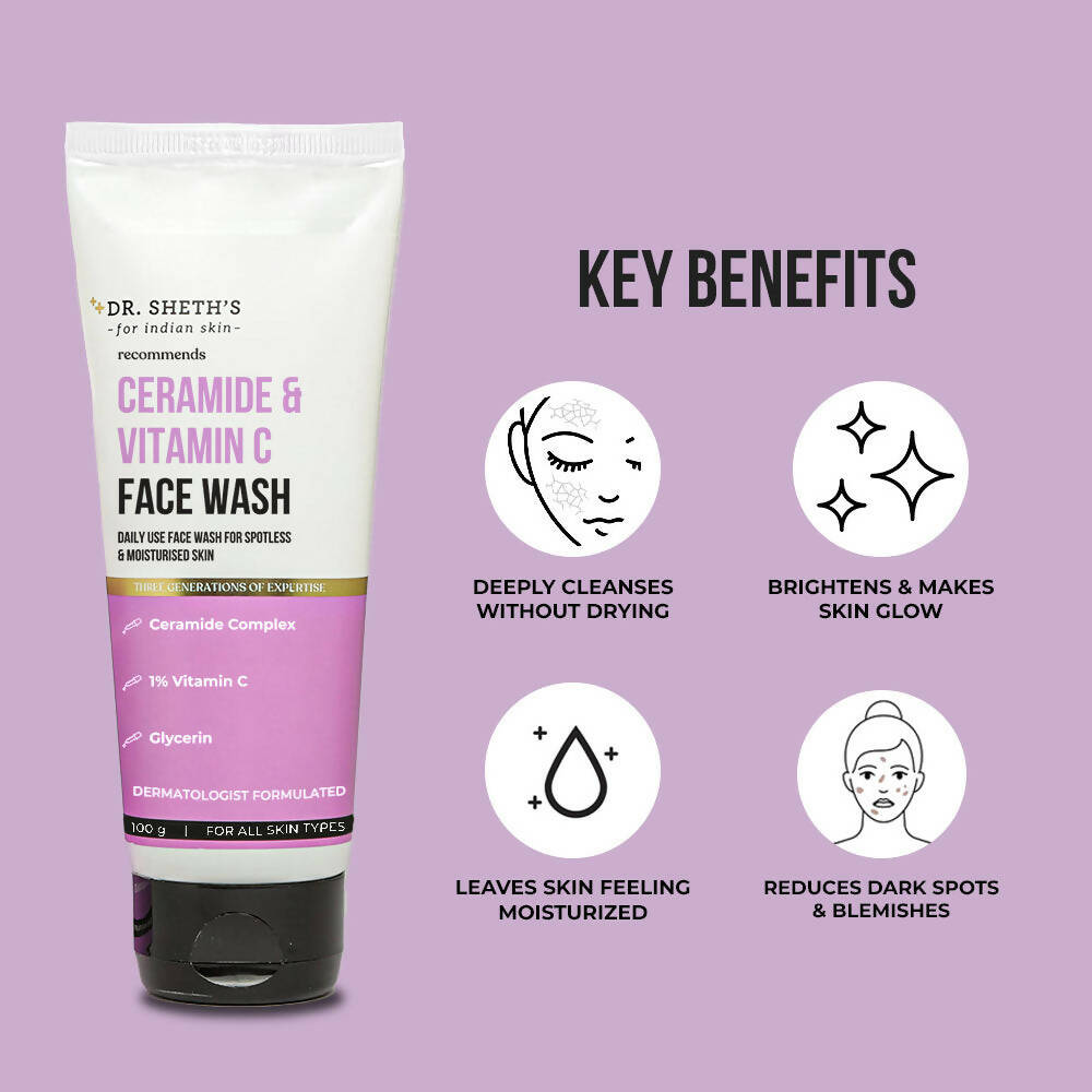 Dr. Sheth's Ceramide & Vitamin C Brightening Face Wash Gently Cleanses, Hydrates & Reduces Dark Spots, For Normal, Oily & Combination Skin - Swadesiicart