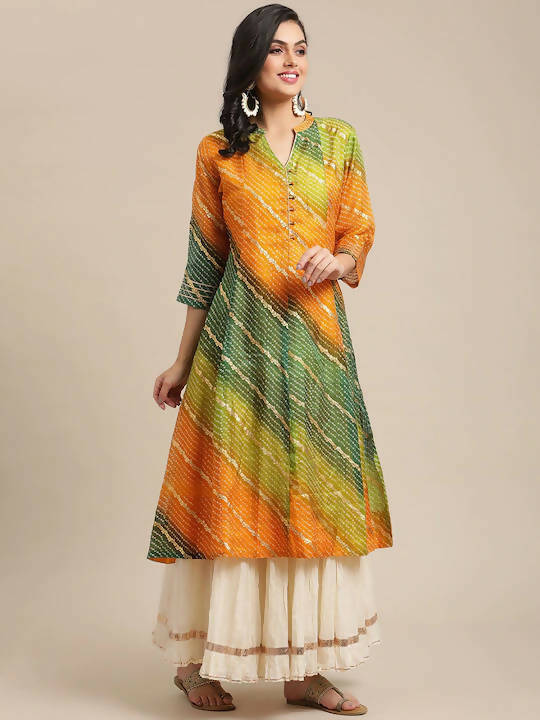 Indian Clothing Varanga Mustard Yellow & Green Bandhani Dyed Anarkali Kurta - Swadesiicart