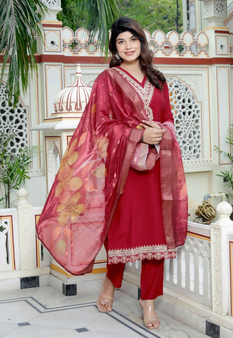Miravan Women's Embroidered Pure Silk Red Kurta with Palazzo and Dupatta - Swadesiicart