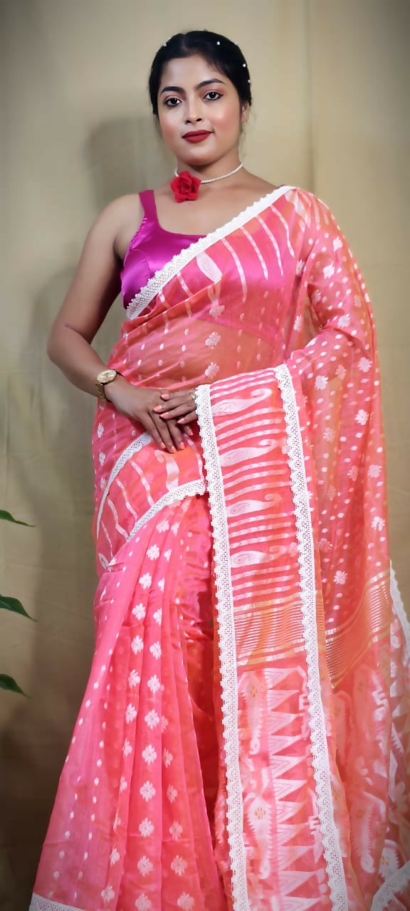 Exclusive Collection Beautiful Peach Jaal Jamdani Saree - Swadesiicart