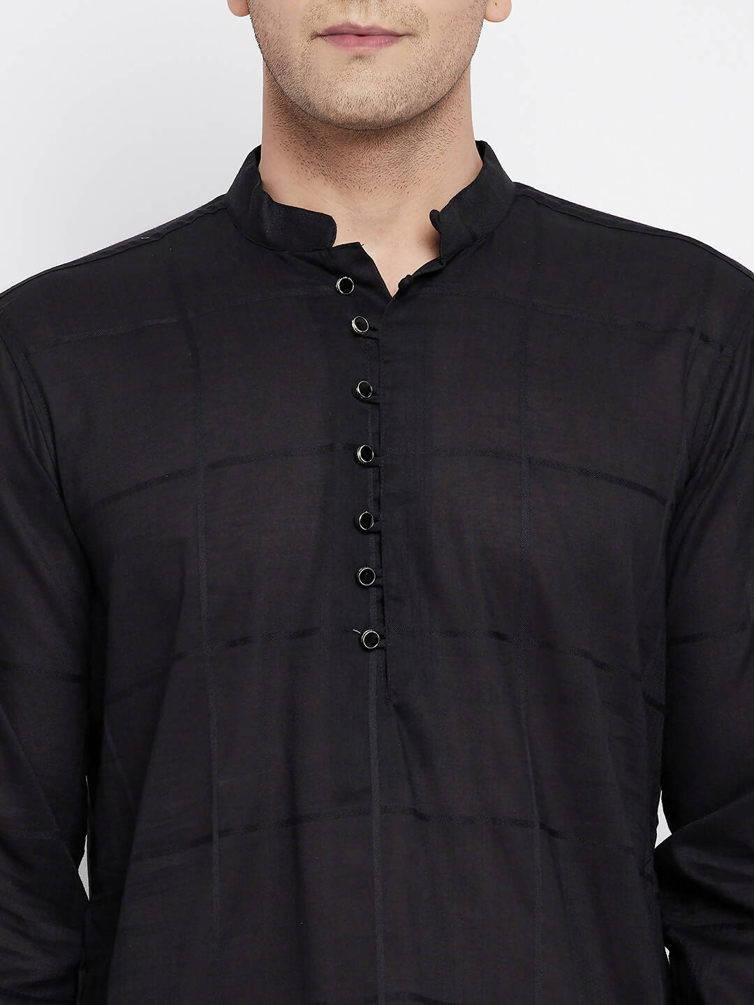 Even Apparels Pure Cotton Men's Kurta in Black Color With Band Collar | Swadesiicart