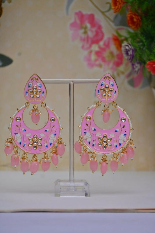 Baby Pink Gold-Polished Brass & Pearl Dangle Women Earrings| Hand Painted Meenakari Chandbali Traditional Ethnic Wear Earrings By House of Ree - Swadesiicart
