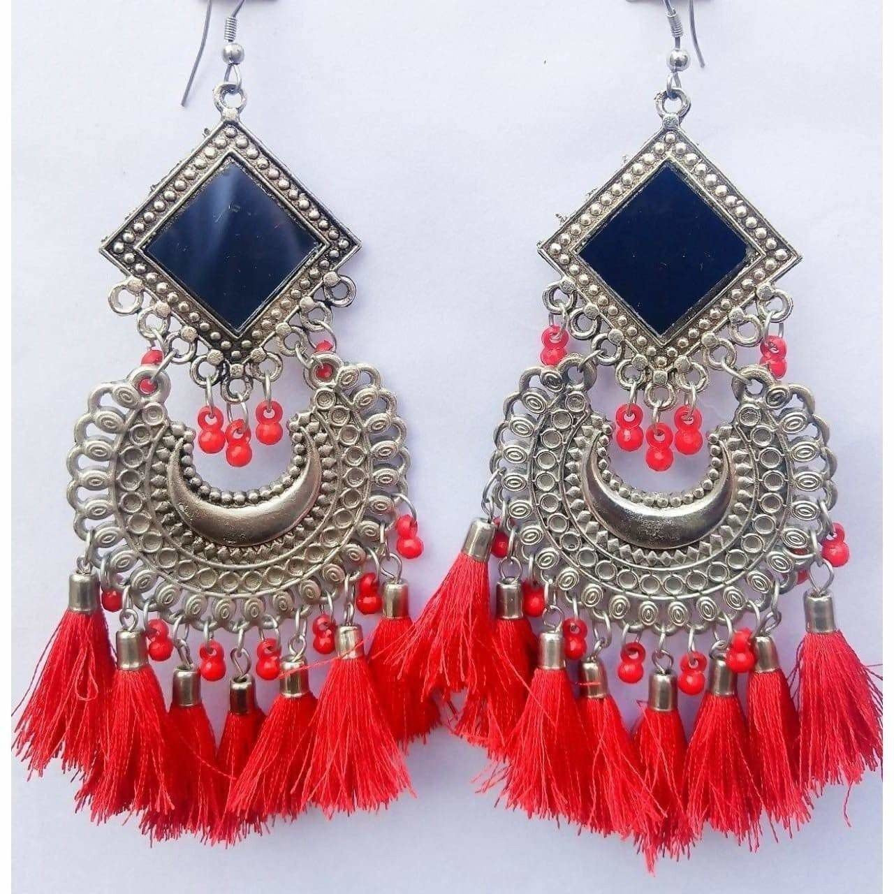MS Fashion India Latest Trendy Chandbali Red Pearls And Threads Long Mirror Half Moon Silver Tone Earrings | Swadesiicart