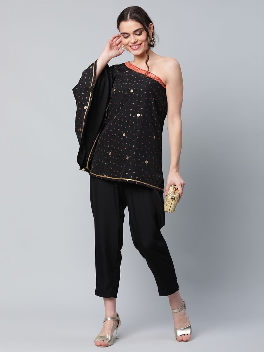 Ahalyaa Women Black Crepe Printed Top with Trouser Set | Swadesiicart