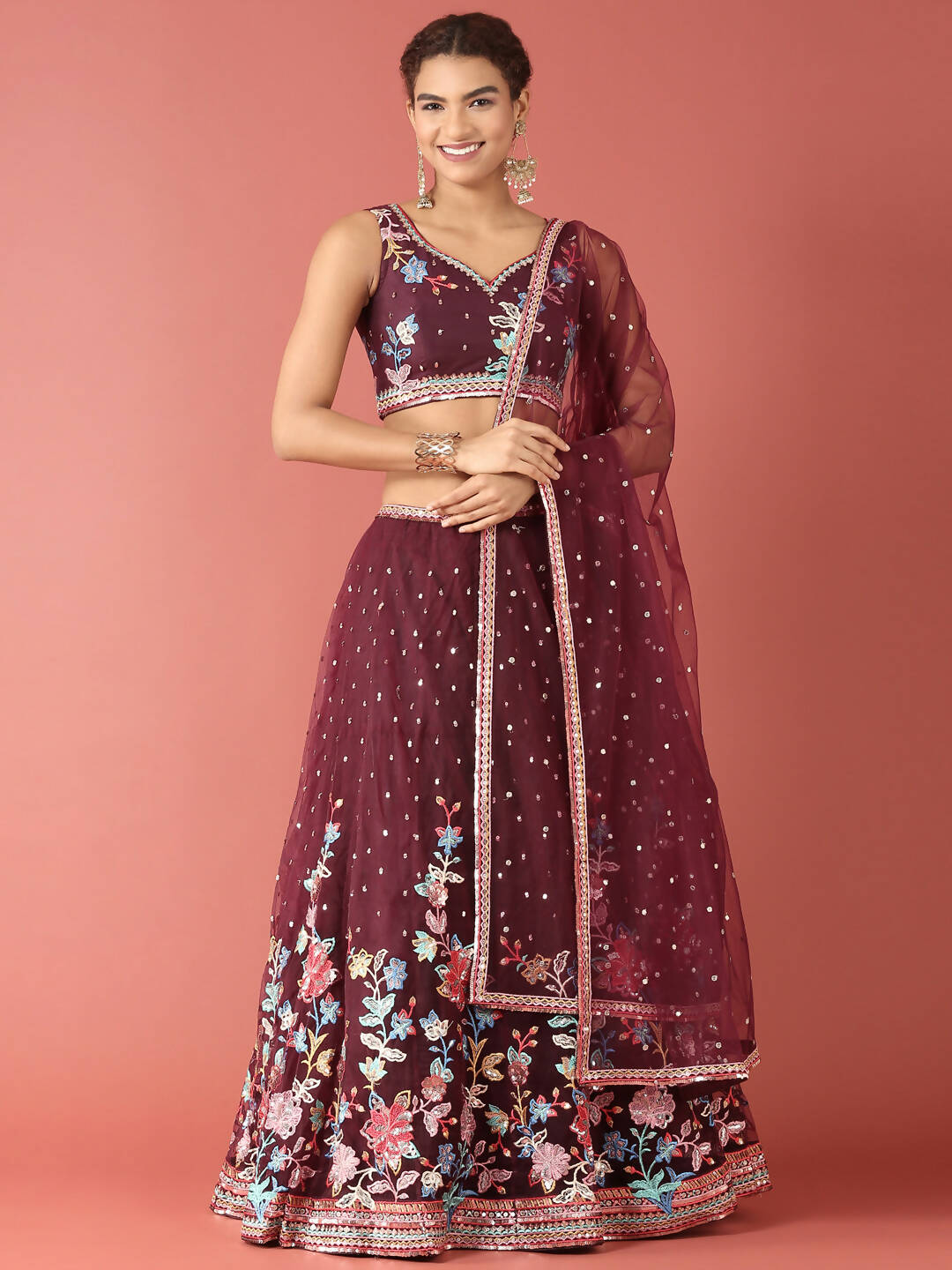 House of Panchhi Burgundy Net Multi colour Thread & Sequinse Work Lehenga & Blouse, Dupatta | Swadesiicart