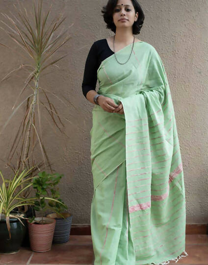 Exclusive Collection Khadi Cotton Handloom Khesh Saree With Blouse Piece - Light Green - Swadesiicart