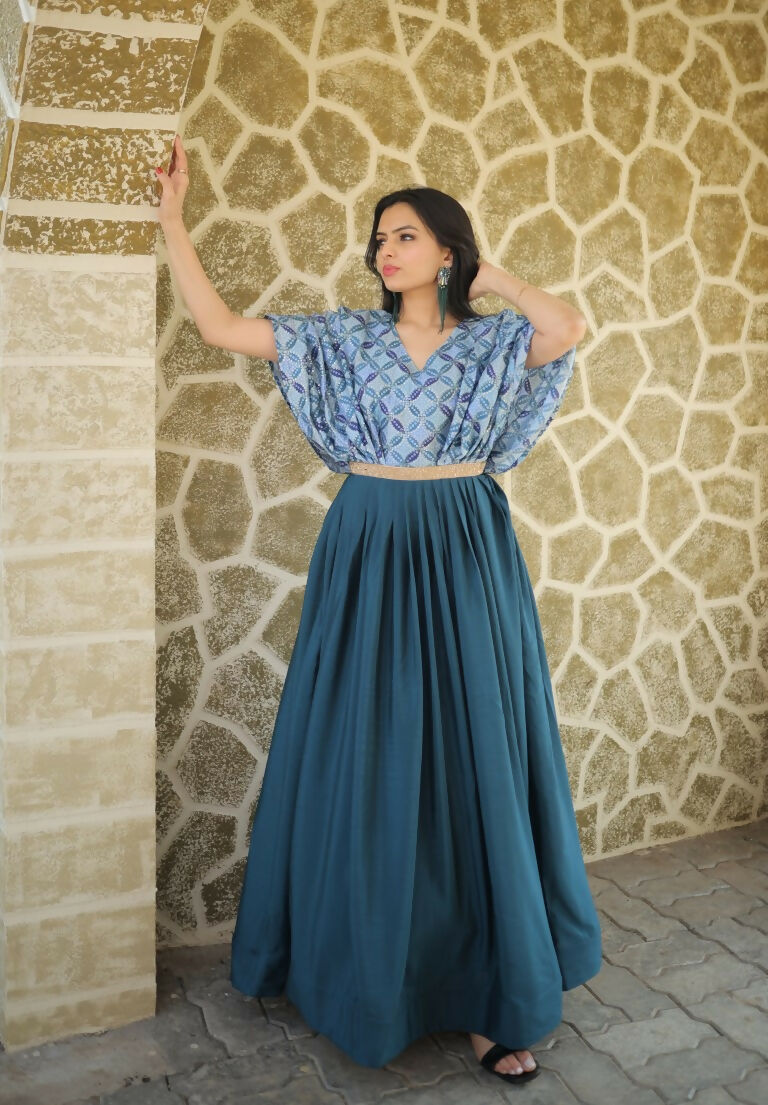 Jyoti Fashion Women's Teal Printed with Sequins Chinon Anarkali Dress | Swadesiicart