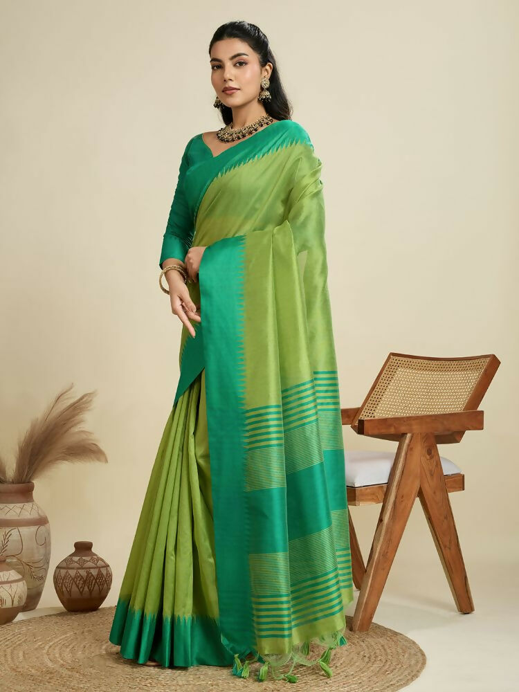 Vishnu Weaves Women's Parrot Raw Silk Thread Woven Saree with Blouse - Swadesiicart