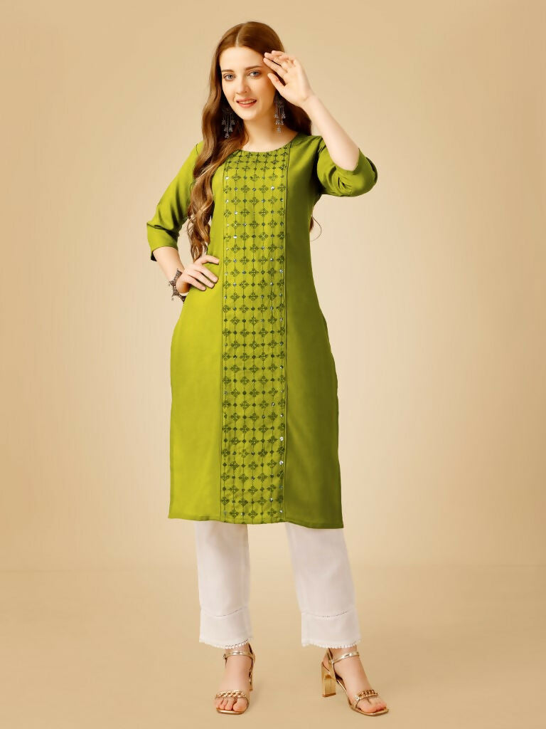 Jyoti Fashion Women's Green Cotton Blend Embroidered Kurta Pant Set - Swadesiicart