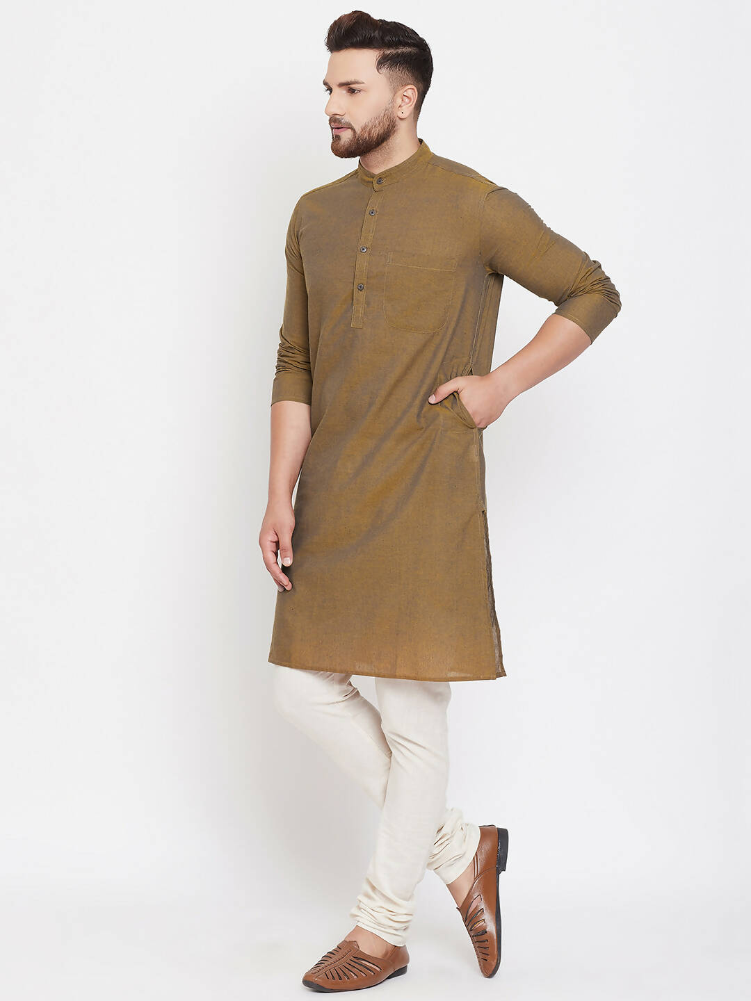 Even Apparels Brown Pure Cotton Men's Kurta With Band Collar | Swadesiicart