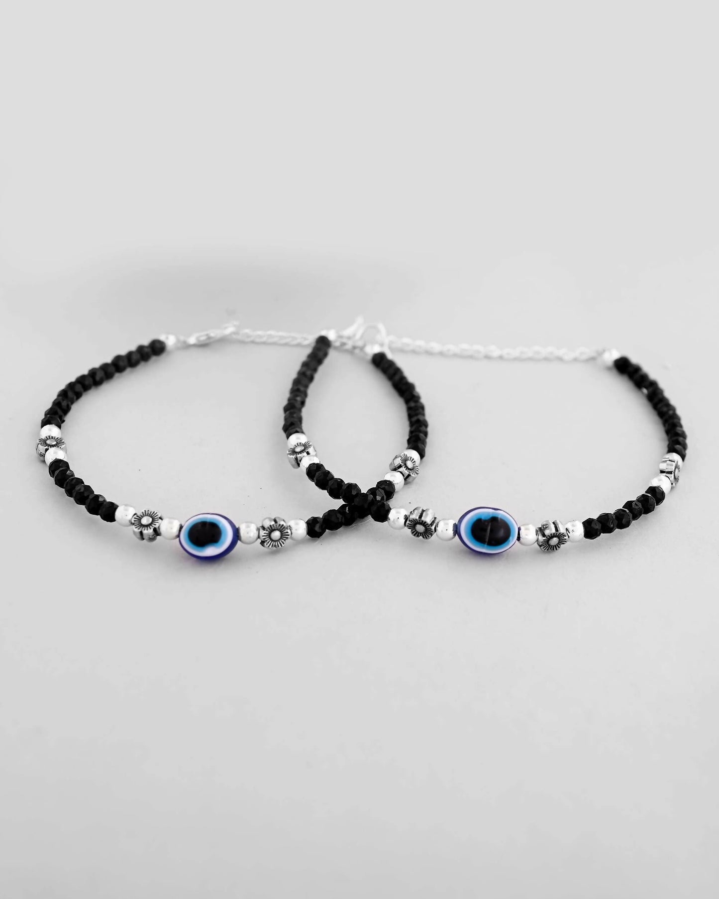 VOJ Set of 2 Evil Eye Black with Flower Shaped Beads Anklet - Swadesiicart