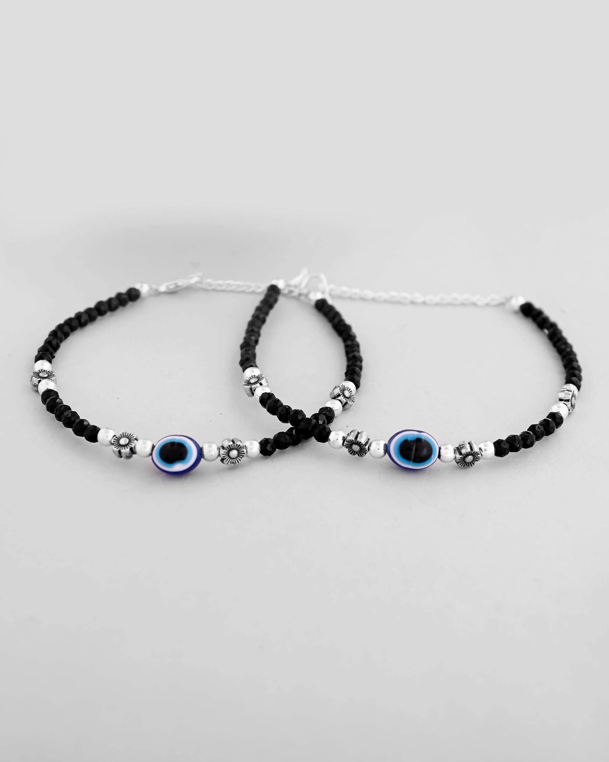 VOJ Set of 2 Evil Eye Black with Flower Shaped Beads Anklet - Swadesiicart