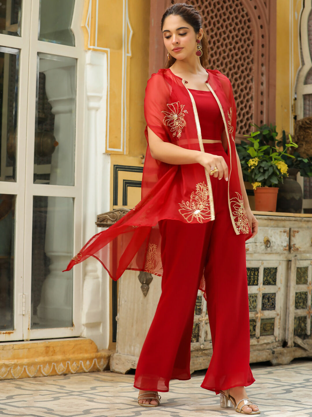 Janasya Maroon Georgette Solid Top Bottom Cape | Swadesiicart