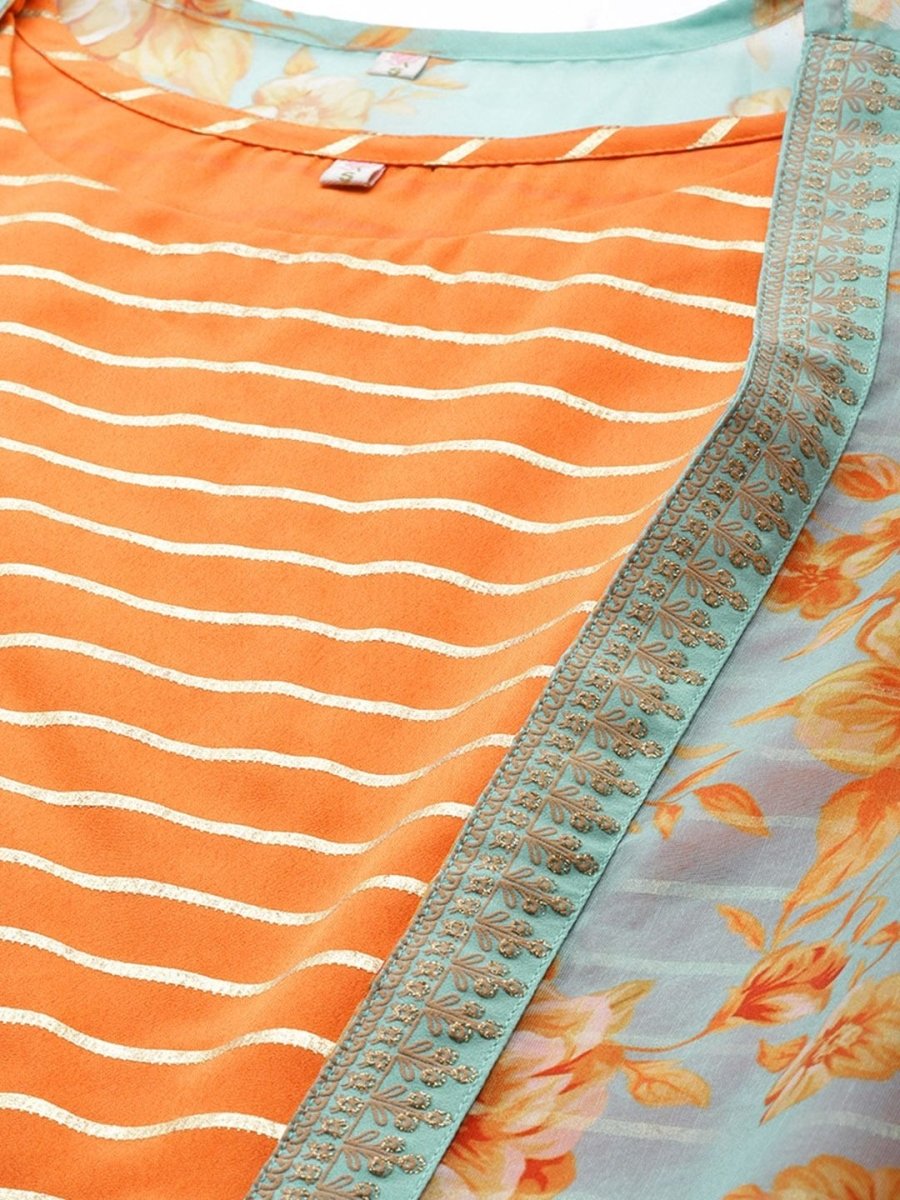 Ahalyaa Women's Orange Crepe Gold Print Top Skirt With Printed Jacket | Swadesiicart