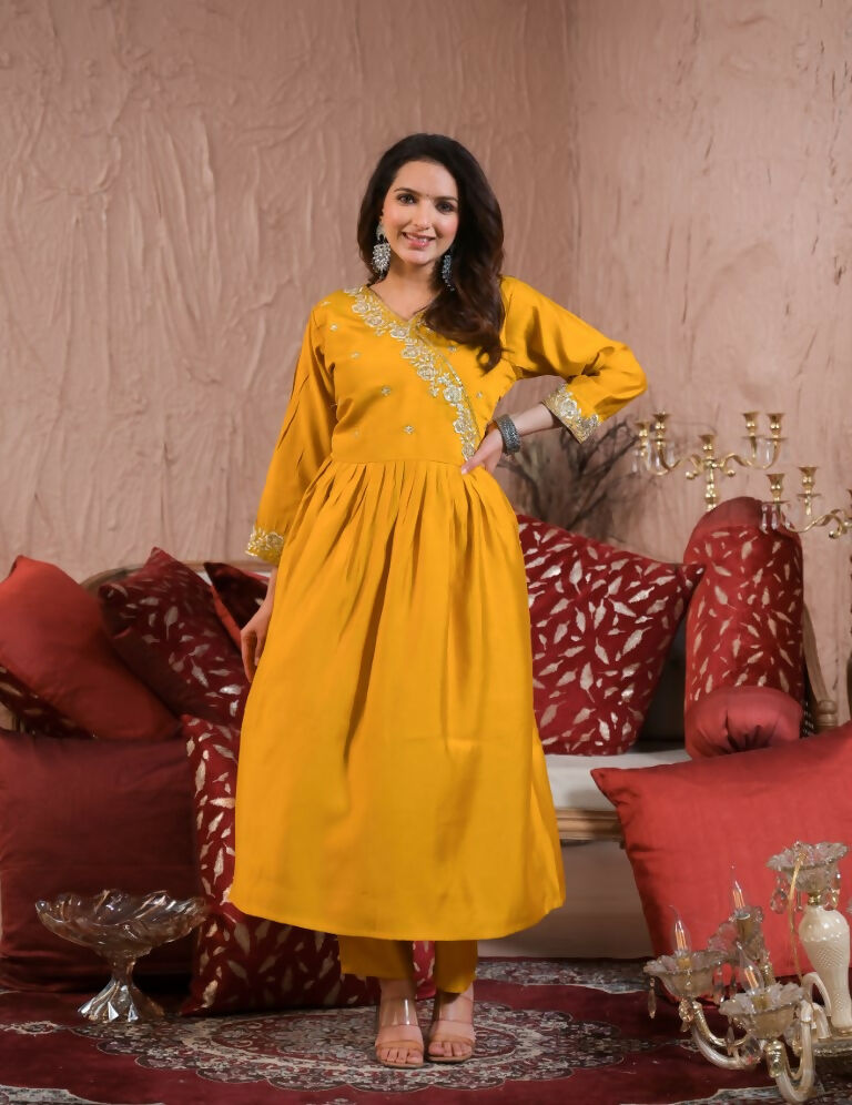 Ethnic Festive Wear Viscose Chanderi Yellow Stitched Suit With Dupatta - Tanisha | Swadesiicart