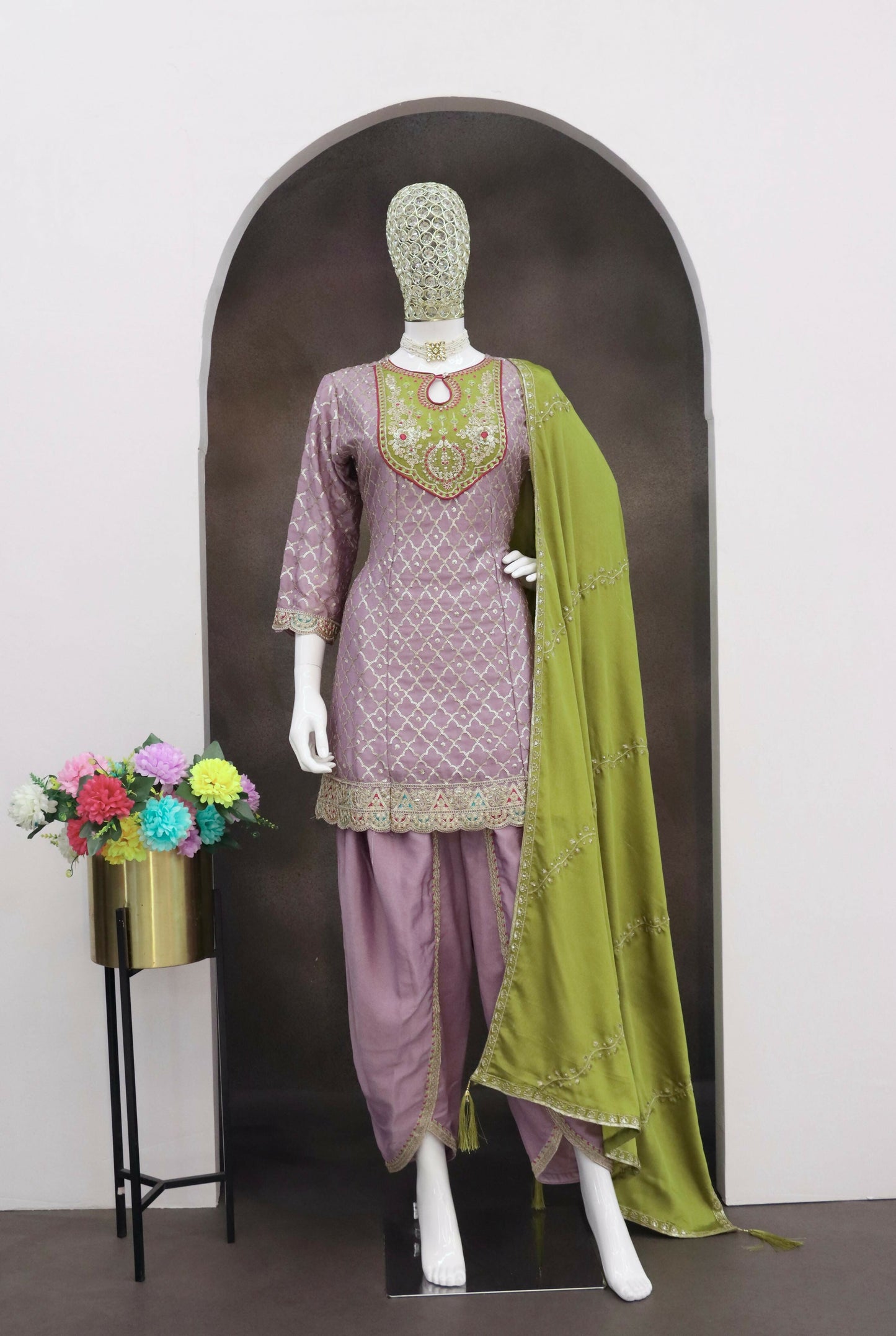 Anaita Lavender Embroidered Silk Stitched Dhoti Suit
