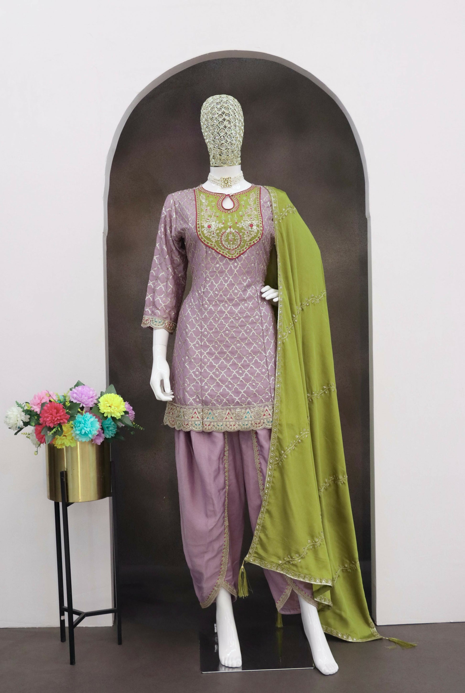 Anaita Lavender Embroidered Silk Stitched Dhoti Suit