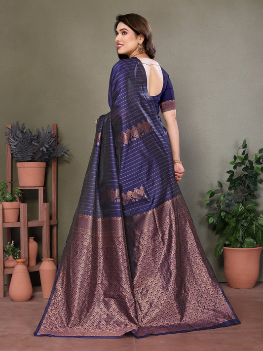 Vedant Vastram Litchi Silk Banarasi Silk Saree - Navy | Swadesiicart