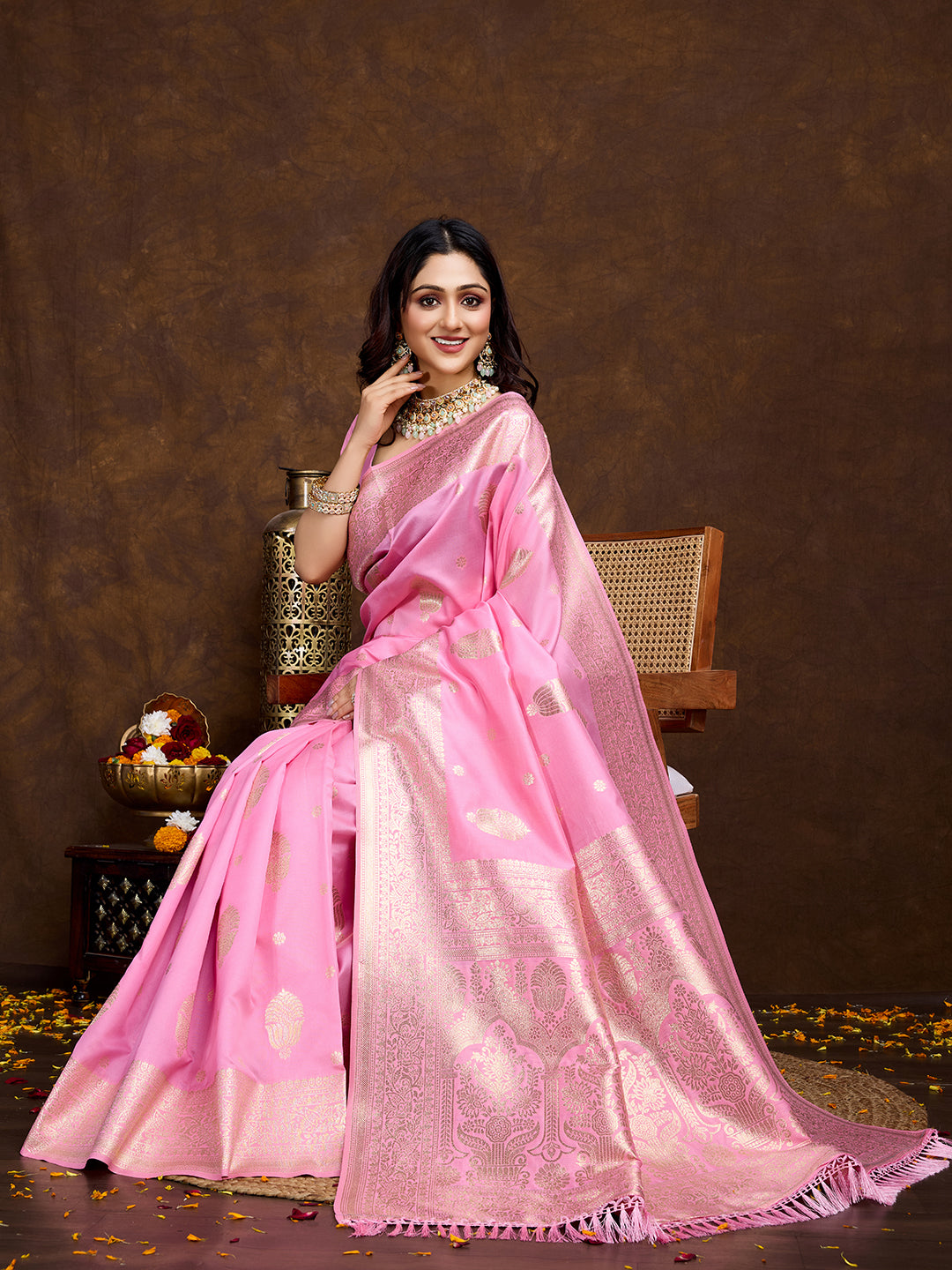 Vedant Vastram Banarasi Silk Fashion Saree - Pink | Swadesiicart