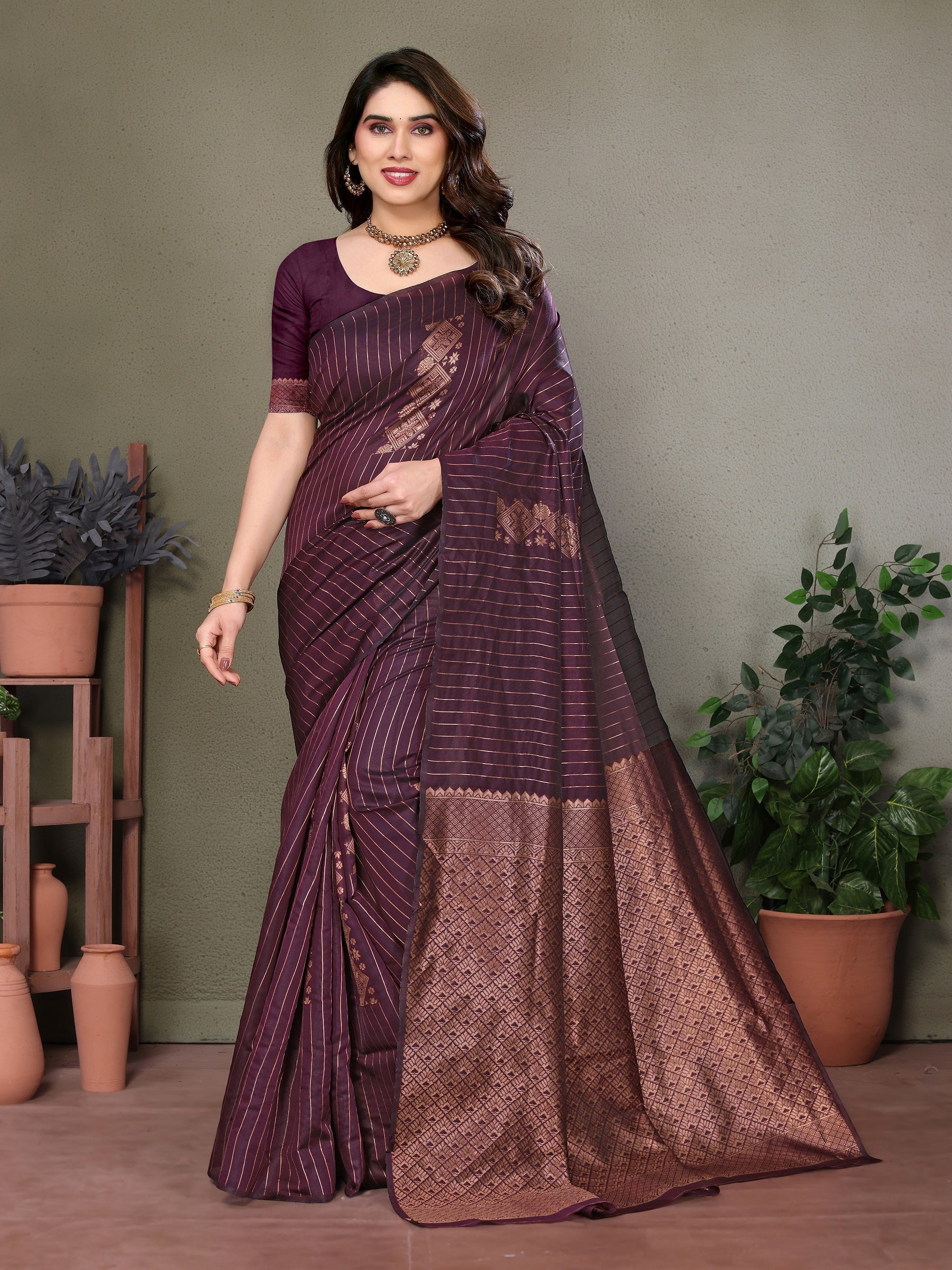 Vedant Vastram Litchi Silk Banarasi Silk Saree - Wine | Swadesiicart