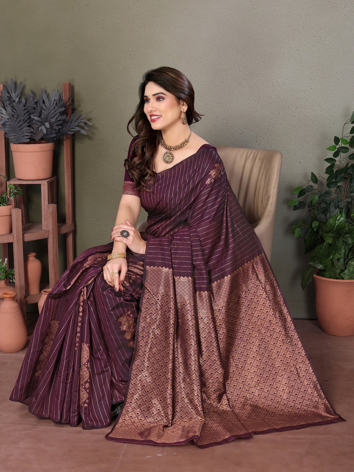 Vedant Vastram Litchi Silk Banarasi Silk Saree - Wine | Swadesiicart