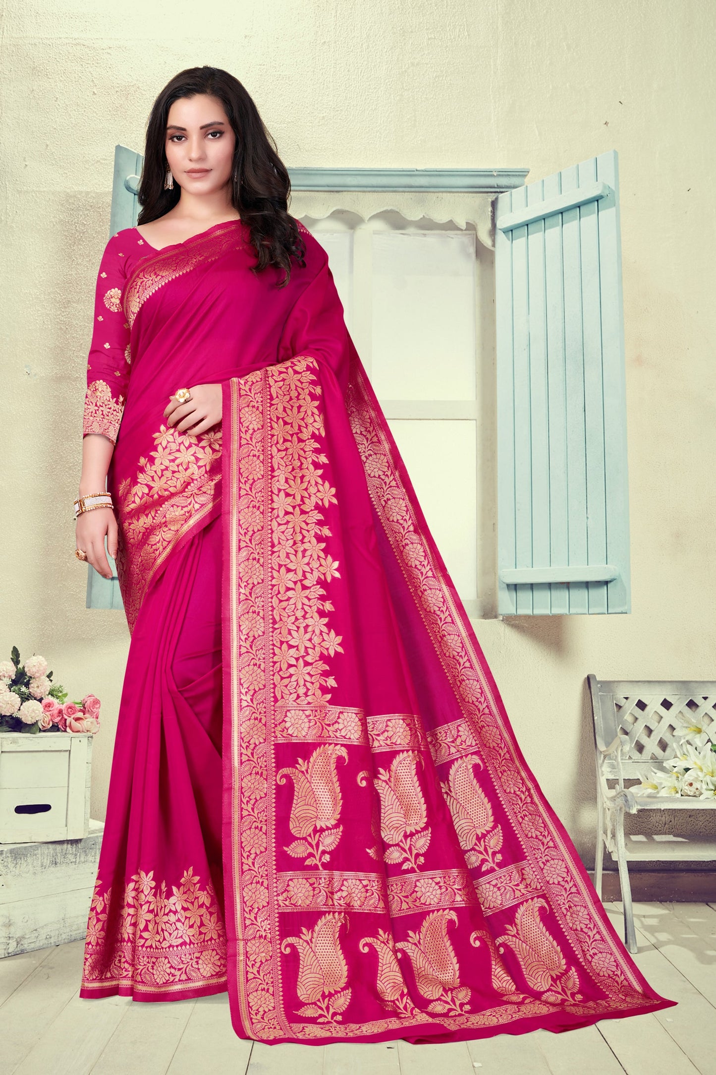 Vedant Vastram Litchi Silk Designer Banarasi Saree - Magenta | Swadesiicart