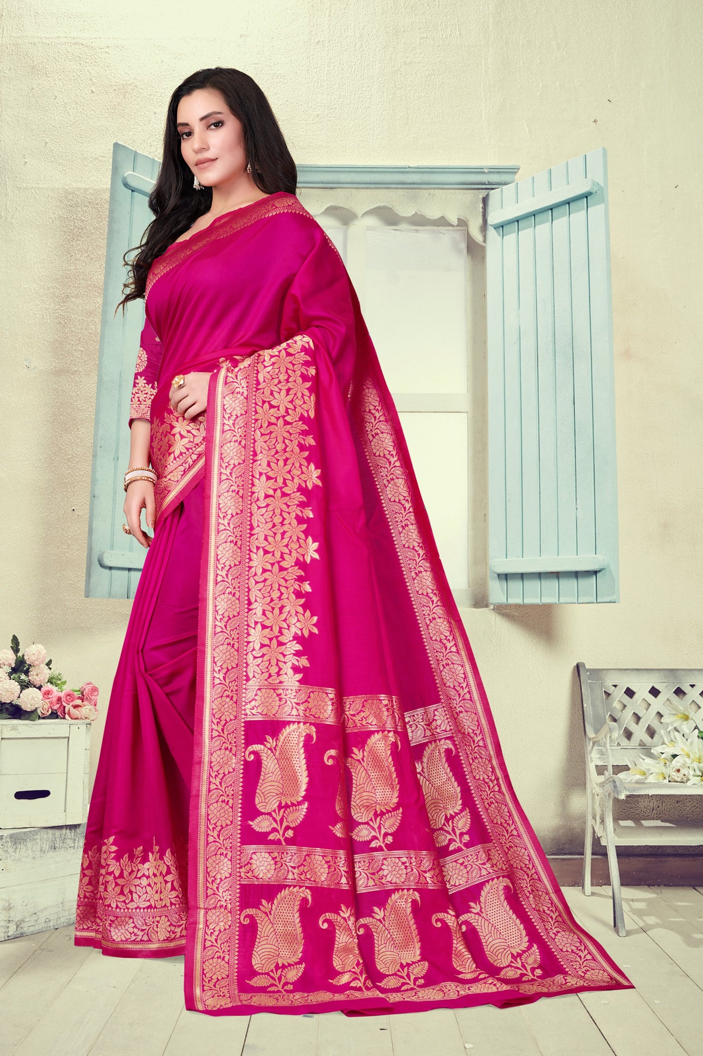 Vedant Vastram Litchi Silk Designer Banarasi Saree - Magenta | Swadesiicart