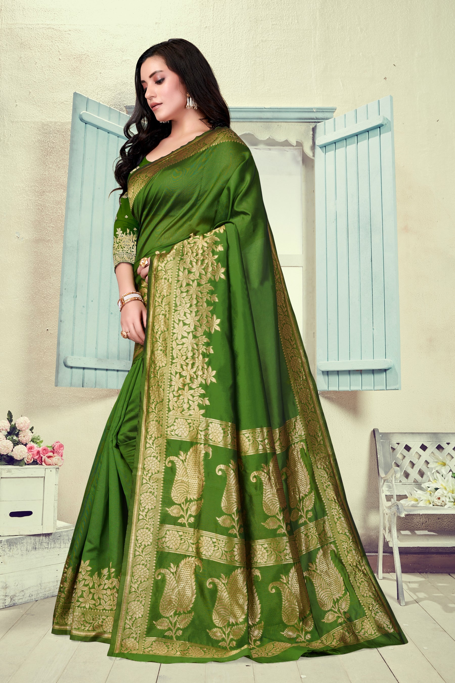 Vedant Vastram Litchi Silk Designer Banarasi Saree - Mehndi | Swadesiicart