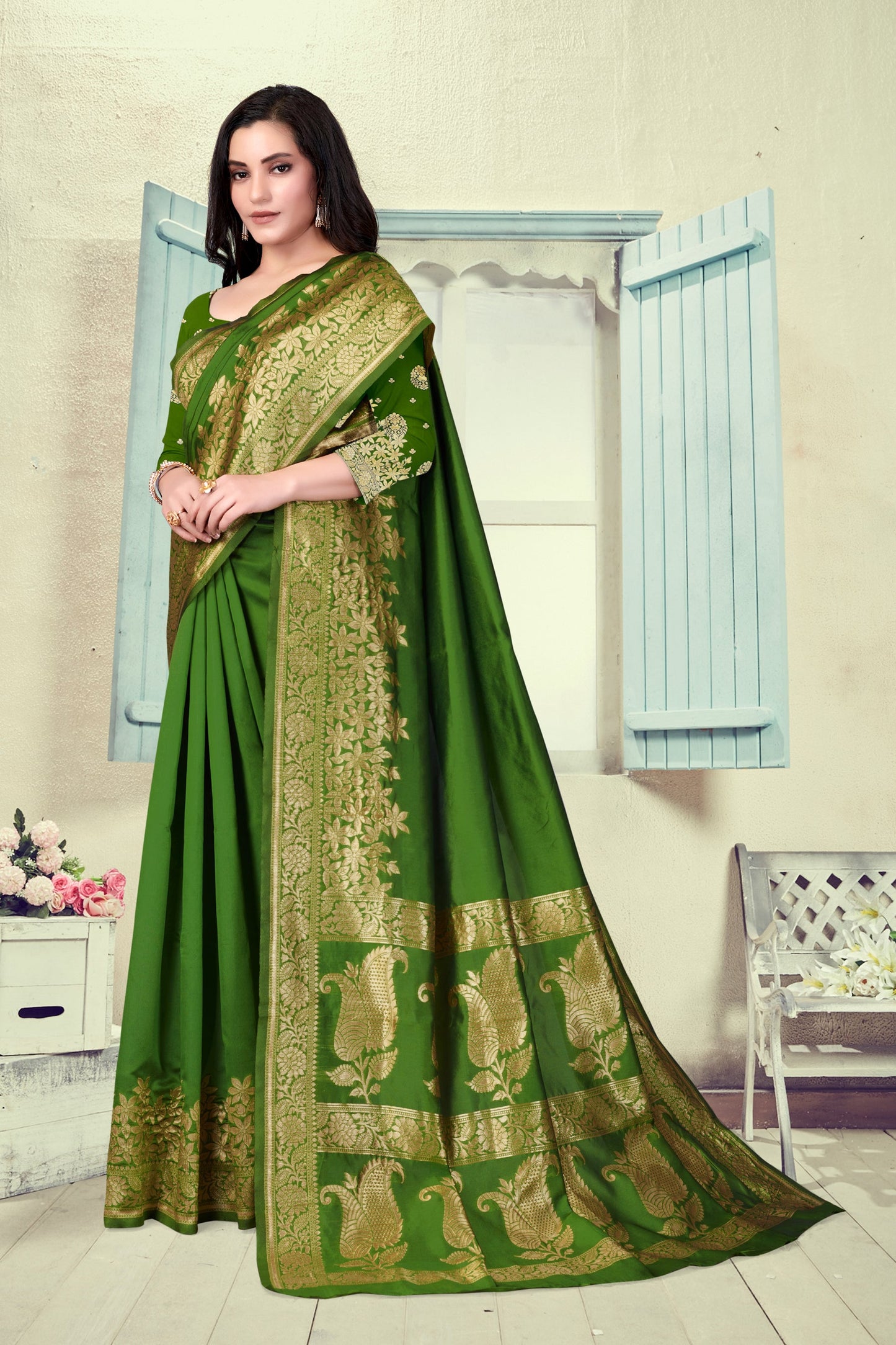Vedant Vastram Litchi Silk Designer Banarasi Saree - Mehndi | Swadesiicart