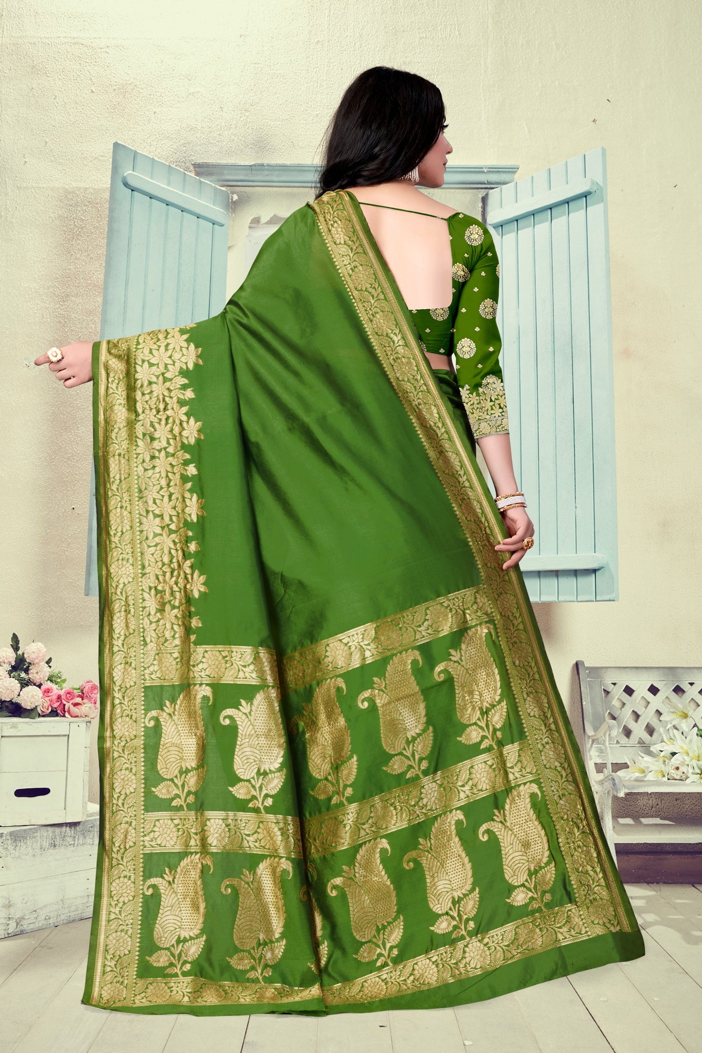 Vedant Vastram Litchi Silk Designer Banarasi Saree - Mehndi | Swadesiicart
