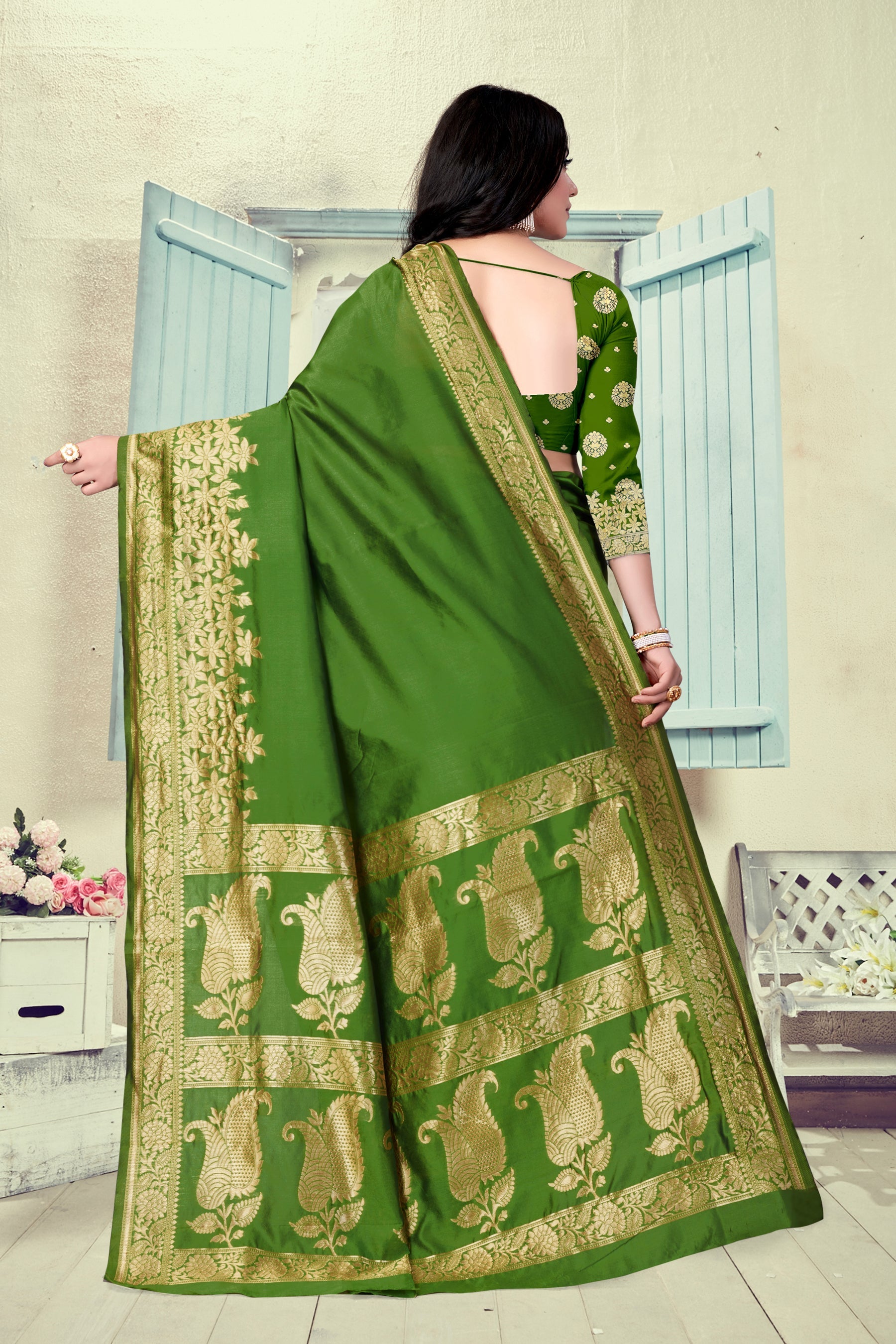 Vedant Vastram Litchi Silk Designer Banarasi Saree - Mehndi | Swadesiicart