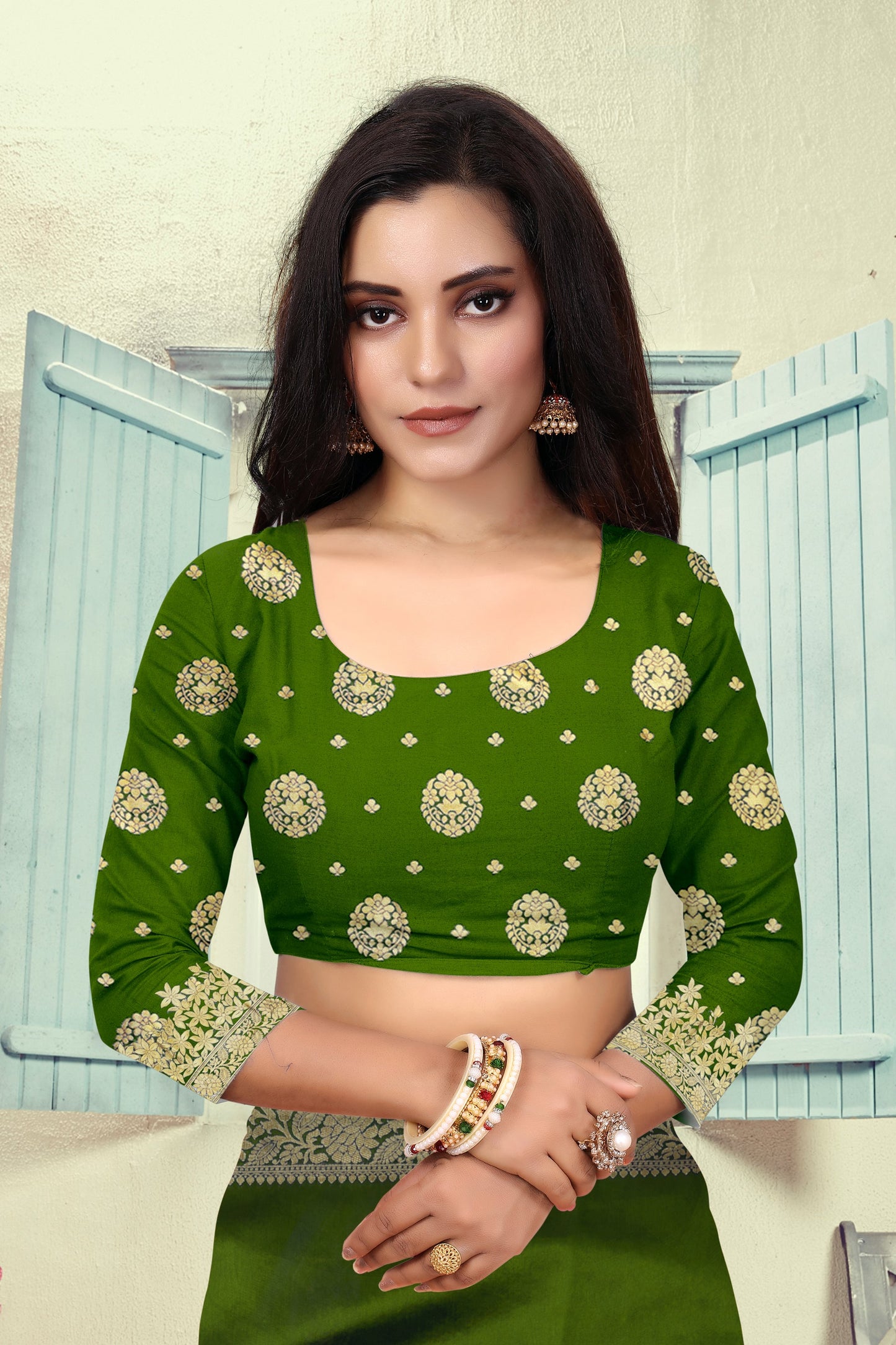 Vedant Vastram Litchi Silk Designer Banarasi Saree - Mehndi | Swadesiicart