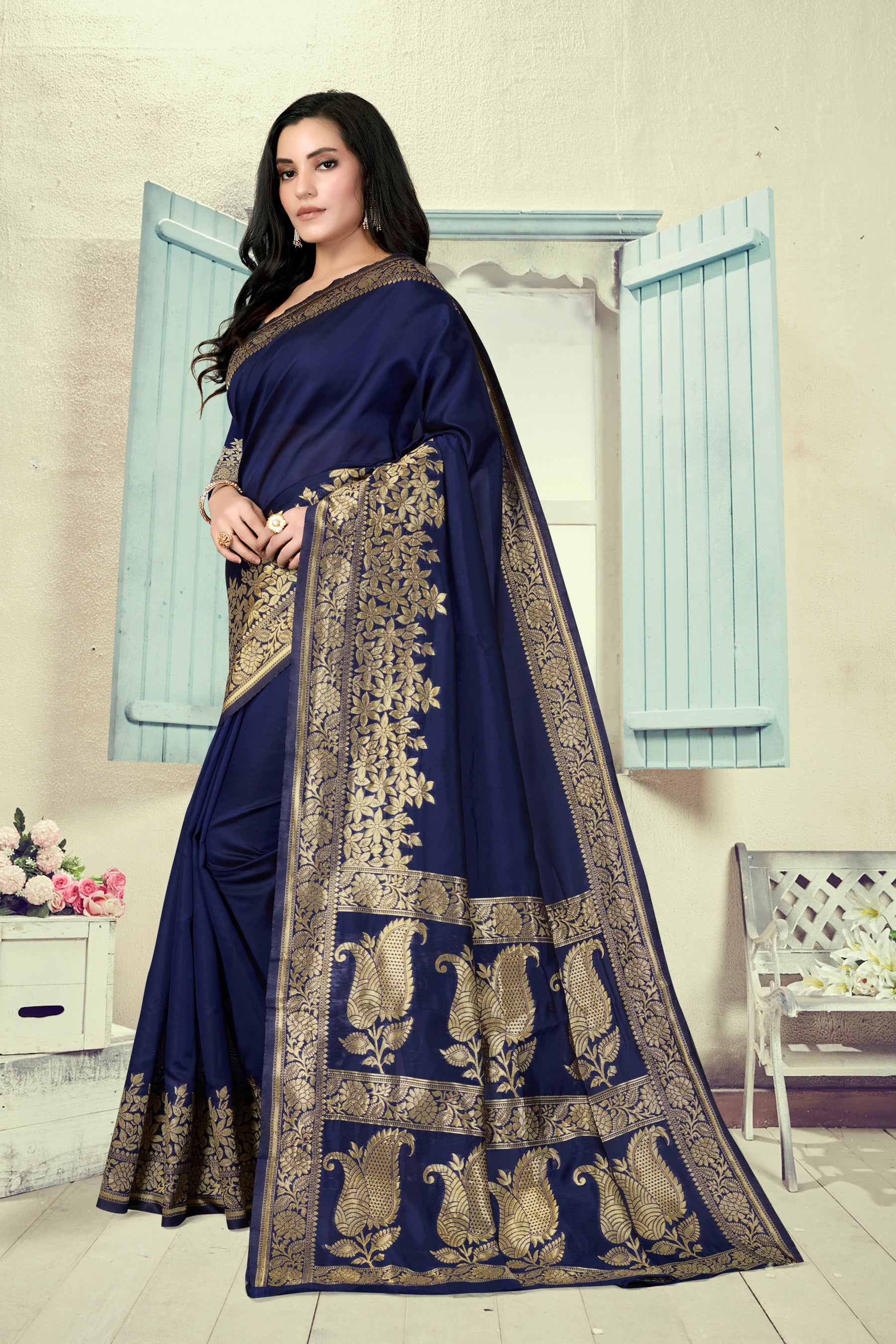 Vedant Vastram Litchi Silk Designer Banarasi Saree - Navy Blue | Swadesiicart