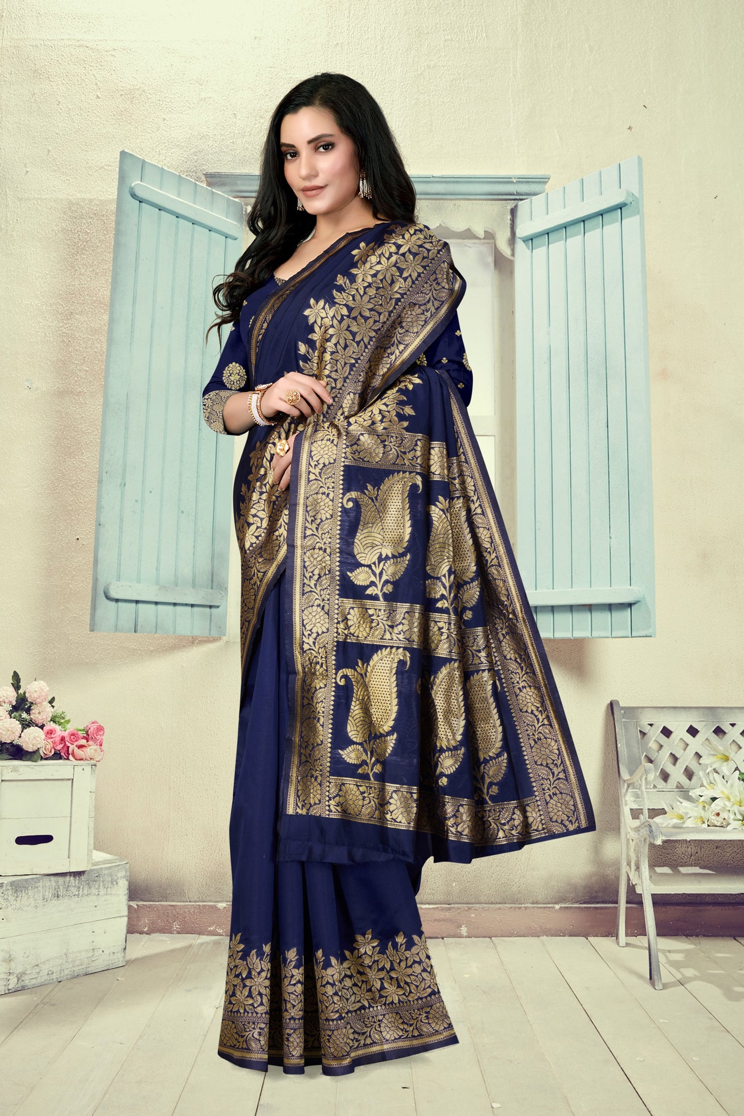 Vedant Vastram Litchi Silk Designer Banarasi Saree - Navy Blue | Swadesiicart