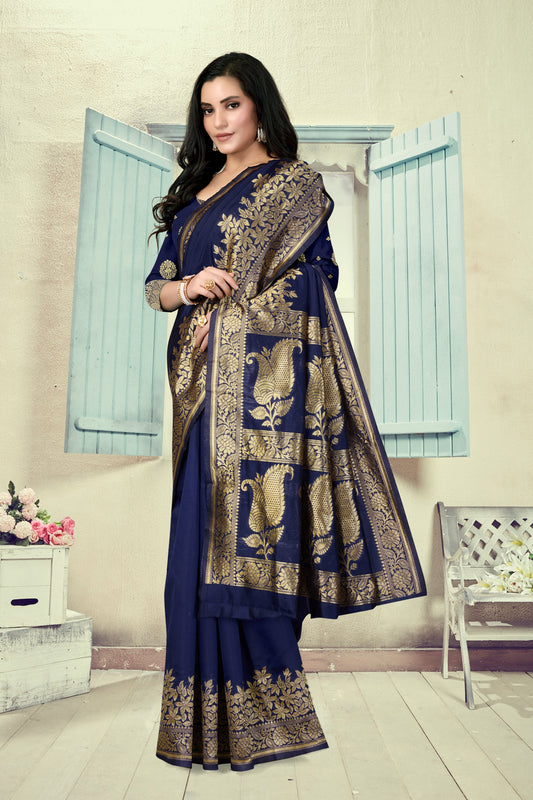 Vedant Vastram Litchi Silk Designer Banarasi Saree - Navy Blue | Swadesiicart