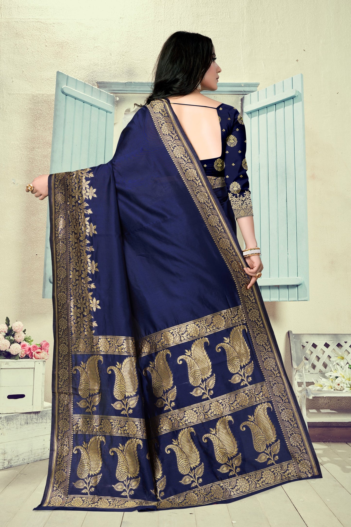 Vedant Vastram Litchi Silk Designer Banarasi Saree - Navy Blue | Swadesiicart