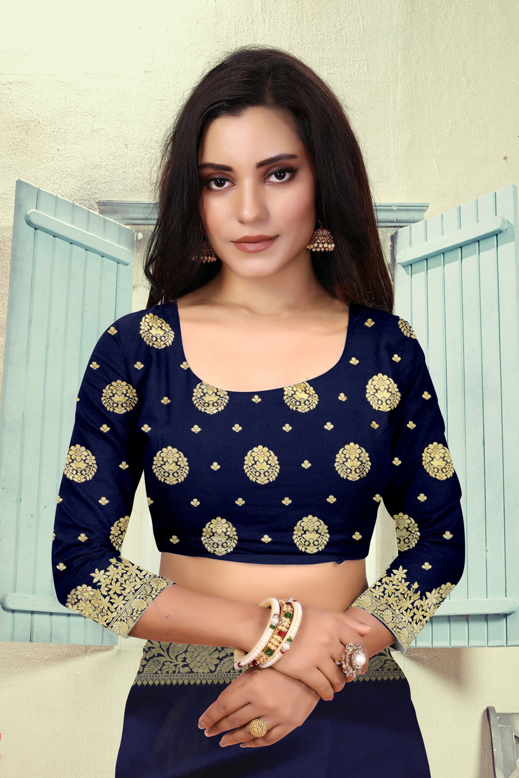 Vedant Vastram Litchi Silk Designer Banarasi Saree - Navy Blue | Swadesiicart