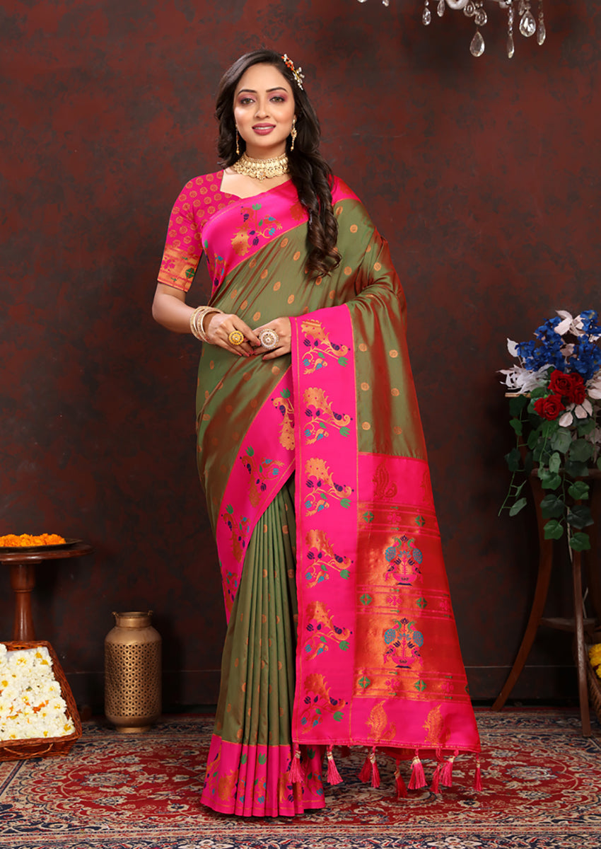 Lorenvalley Fashion Mahendi Soft Paithani Silk Woven Design Rich Zari Meenakari Weaving Saree - Swadesiicart