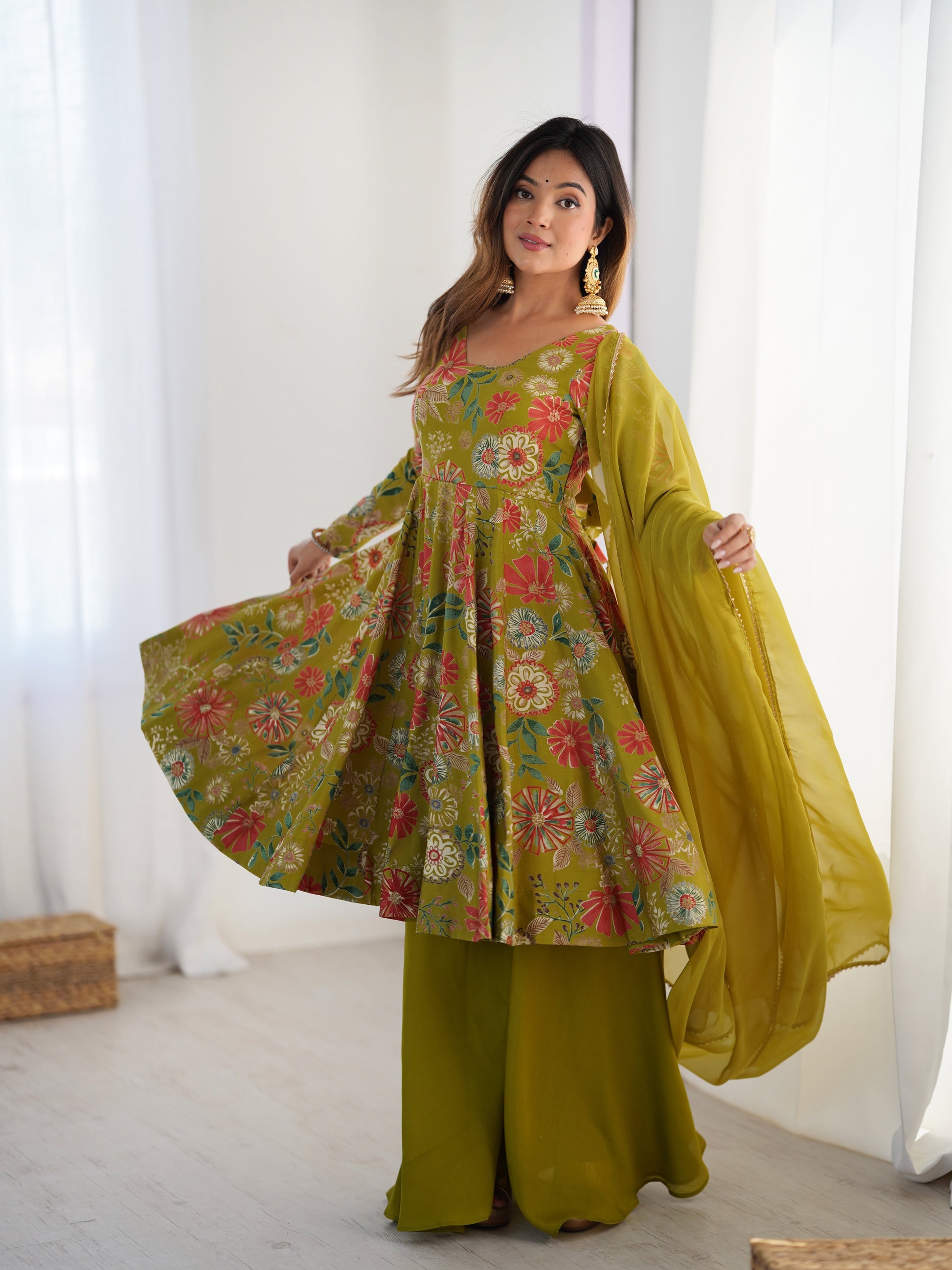 Lorenvalley Women Pure Soft Roman silk Chanderi Discharge Print Fabric Kediya Kurta Palazzo with Dupatta Set | Swadesiicart